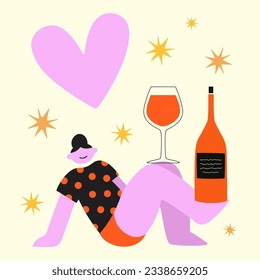 Vector illustration with abstract style woman, glass of red wine, bottle, heart and stars. Party summer print design, greeting card template, romantic invitation