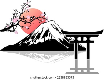 Vector illustration of abstract styled Decorative Traditional Japanese background sakura, mount fuji and tori gate vector.