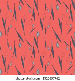 Vector illustration of abstract, stylized tulips in coral, light grey and charcoal. Perfect for scrapbooking, wallpaper, fashion design, notebook cover projects.