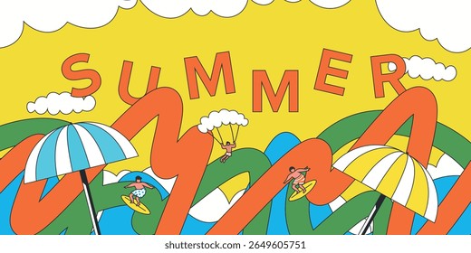 Vector illustration. Abstract summer background, surfers and colorful waves, summer mood, sun loungers. Background, banner, cover, postcard. Modern design.