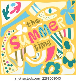 Vector illustration with abstract summer elements. Associations with flowers, plants. Eye, circles, stripes. Soft yellow, turquoise, pink. For postcards, posters, patterns