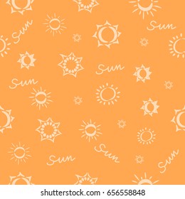 Vector illustration of abstract sun hand draw and lettering seamless pattern on orange background