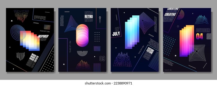 Vector illustration. Abstract surreal background. Memphis pattern. Geometric shape. Design elements for poster, magazine, book cover, brochure. Retro futuristic art design. Gradient color