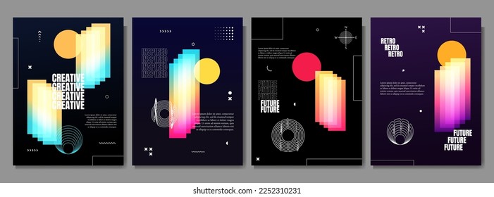 Vector illustration. Abstract surreal background. Memphis pattern. Geometric shape. Design elements for poster, magazine, book cover, brochure. Retro futuristic art design. Gradient color