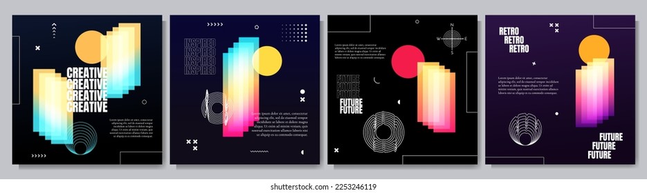 Vector illustration. Abstract surreal background. Memphis pattern. Geometric shape. Design elements for social network, web banner. Retro futuristic art design. Gradient color. Light refraction