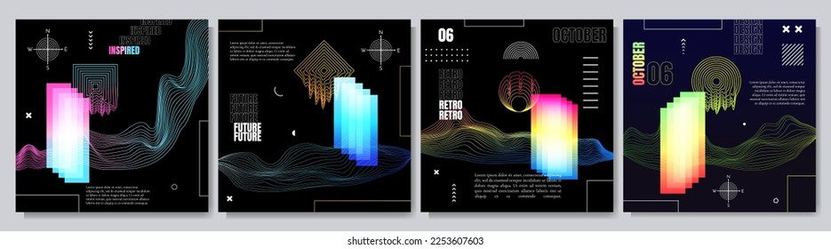 Ilustración vectorial. Resumen de los antecedentes surrealistas. Patrón de Memphis. Forma geométrica. Elementos de diseño para redes sociales, banner web. Diseño retro de arte futurista. Color del degradado. Patrón lineal ondulado