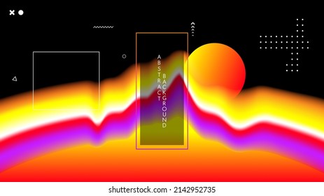Vector illustration. Abstract surreal liquid panoramic wallpaper. Colorful background. Liquid color flow. Concept of landscape mountain with sunset. Memphis patter. Geometric shape. Website design