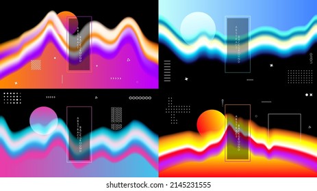 Vector illustration. Abstract surreal liquid panoramic wallpapers. Colorful background. Liquid color flow. Concept of landscapes mountain with sunset. Memphis pattern. Geometric shape. Website design