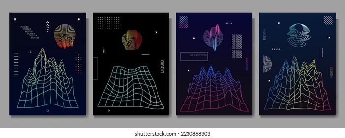 Vector illustration. Abstract surreal liquid background. Memphis pattern. Geometric shape. Design elements for poster, magazine, book cover, brochure. Surreal landscape. Melted sun and 3d grid hills