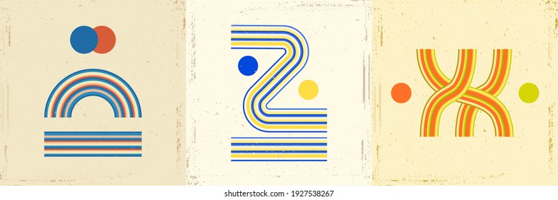 Ilustración vectorial. Resumen de estilo surrealista. Arte de línea. Elementos de diseño para plantilla de medios sociales, post de blog, banner cuadrado. Superposición de grano vintage. Líneas coloridas. Línea y formas. Moda retro