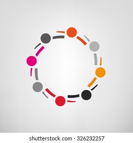Vector illustration of an abstract teamwork sign. Meeting together community concept. Logo and identity design. Colorful image in red, orange, black and gray tones.
