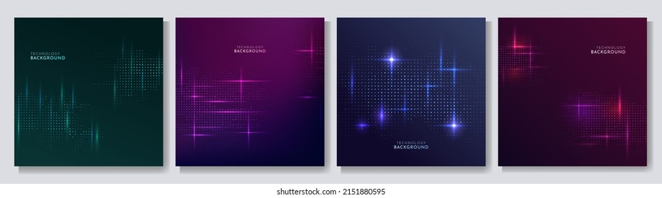 Vector illustration. Abstract technology. Digital geometric background. Neon glowing dots particles with light. Dotted spots. Halftone circle wallpaper. Design for social media template, web banner