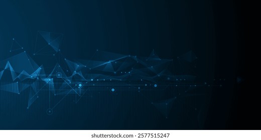 Vector illustration abstract technology with molecule, Flowing dot particle wave flow line, wireframe and dot on blue background. Datum technology network, science, artificial intelligence concept
