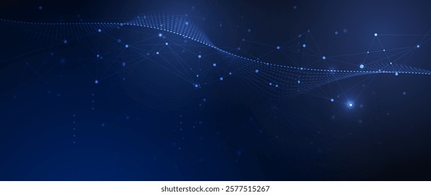 Vector illustration abstract technology with molecule, Flowing dot particle wave flow line, wireframe and dot on blue background. Datum technology network, science, artificial intelligence concept
