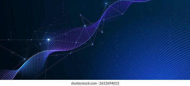Vector illustration abstract technology with molecule, Flowing dot particle wave flow line, wireframe and dot on blue background. Datum technology network, science, artificial intelligence concept
