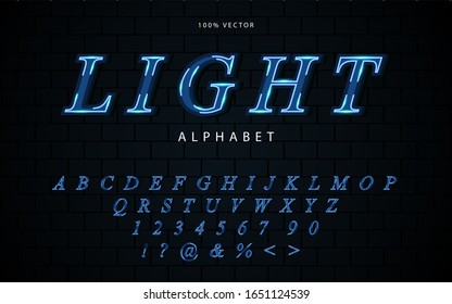 Vector illustration abstract technology neon font and alphabet with blue light techno effect logo designs. Typography digital space concept.