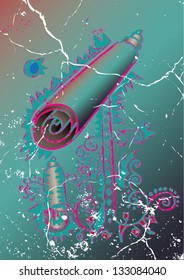 Vector illustration of an abstract telescope drawing. Turquoise cracked.