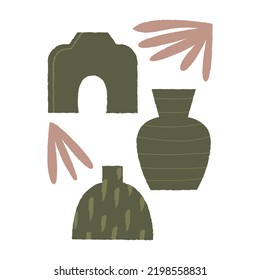 Vektorgrafik mit abstrakten, strukturierten Keramikvasen und Blättern auf isoliertem Hintergrund. Hygge Herbst-Töpferkonzept