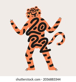 Vector illustration with abstract tiger and lettering. Symbol of 2022 new year. Print, logo, greeting card, calendar, celebration typography poster template with cartoon style animal