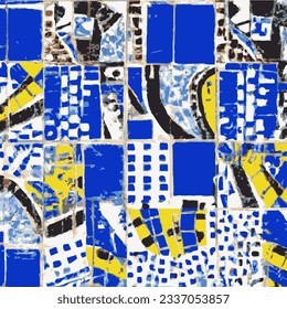 Vector Illustration Abstract Tile Mosaic Decoration Design Intricate Collage Blue and Yellow Colors Modern Painting