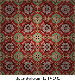 Vector illustration. Abstract tiles with patterns in gray, brown and red colors. Square seamless pattern design for pillow, carpet, rug. Design for silk neck scarf, kerchief, hanky.