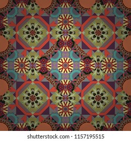 Vector illustration. Abstract tiles with patterns in orange, green and gray colors. Square seamless pattern design for pillow, carpet, rug. Design for silk neck scarf, kerchief, hanky.