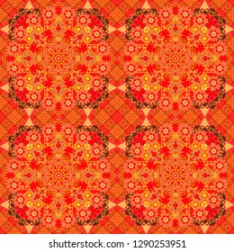 Vector illustration. Abstract tiles with patterns in neutral, red and orange colors. Square seamless pattern design for pillow, carpet, rug. Design for silk neck scarf, kerchief, hanky.