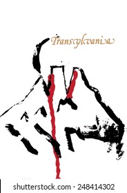 Vector illustration of abstract Transylvania image. Dracula, drawing, background, eerie mountains, blood.