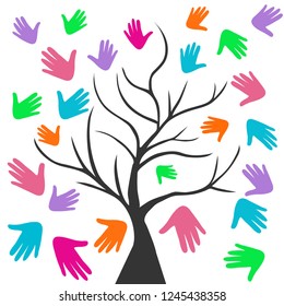 Vector Illustration of an Abstract Tree with Colorful Hand Prints, eps 10
