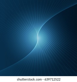 Vector illustration of abstract tree dimensional space. Line art pattern with glow in the center. Symmetrical geometrical background in deep blue colors. Concept of unity, convergence.