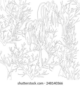 Vector illustration of abstract tree doodle background backdrop. Outline hand drawn images pattern.