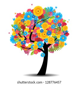 Vector Illustration of an Abstract Tree with Flowers