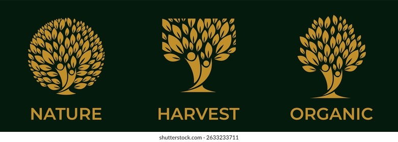 Vector illustration Abstract Tree of life logo icons set. Organic nature symbols. Tree branch with leaves signs. Natural plant design elements emblems. 