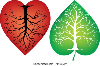 Vector illustration abstract tree trunk with the symbol of the heart and leaf