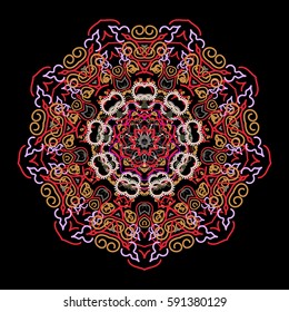 Vector illustration. Abstract tribal Mandala in green and red colors. Hand drawn ethnic texture, flight of imagination.