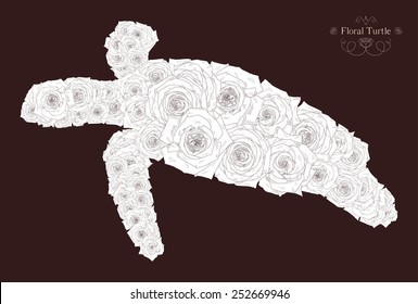 Vector illustration with abstract turtle. Silhouette of turtle, consisting of beautiful  roses. Can be used as postcard, illustration