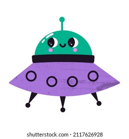 Vector illustration of abstract ufo with cute face. Cartoon cosmic ship in flat style. Fancy space character with texture