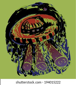 Vector illustration of abstract UFO spaceship graphic drawing. Hand drawn, distressed, grunge.