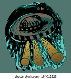 Vector illustration of abstract UFO spaceship graphic drawing. Hand drawn, distressed, grunge.