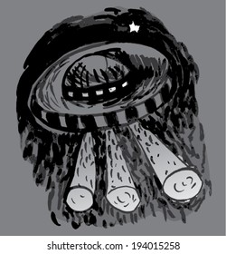 Vector illustration of abstract UFO spaceship graphic drawing. Hand drawn, distressed, grunge.