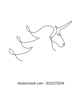 Ilustración vectorial, cabeza abstracta de unicornio en colores blanco y negro, contorno original de una línea dibujo continuo pintado