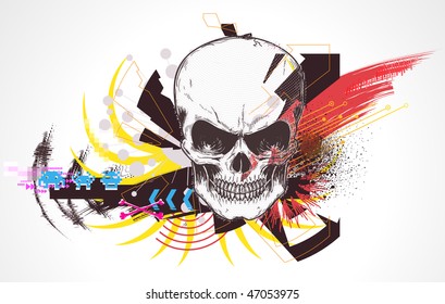 Vector illustration of abstract urban background with colorful grunge Design elements and detailed human skull