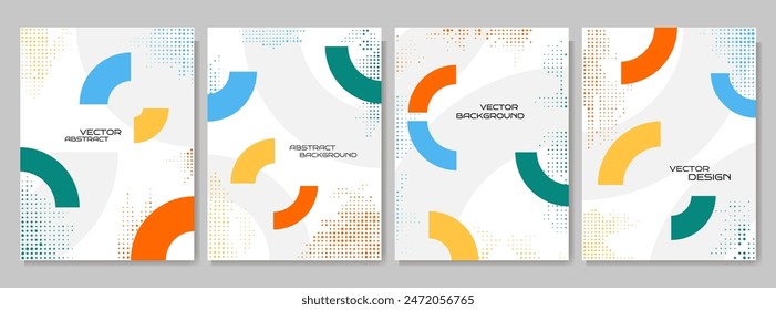 Vector illustration. Abstract vibrant color background set. Cool bright wallpapers with semi circle shapes and halftone dots. Design elements for book cover, brochure, magazine, flyer, booklet