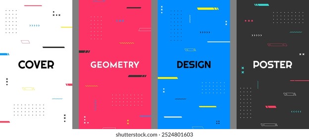 Vector illustration. Abstract vibrant color background set. Cool bright minimalist wallpapers with flowing lines, dots and memphis pattern elements. Design for flyer, coupon, voucher, wallpaper