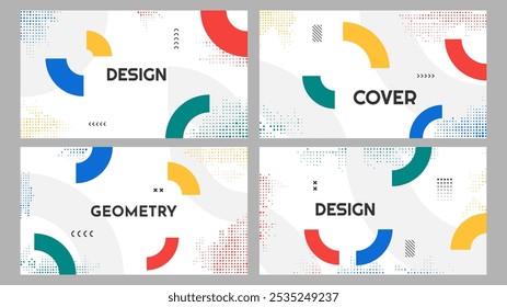 Vector illustration. Abstract vibrant color background set. Cool bright wallpapers with semi circle shapes and halftone dots. Design elements for web banner, horizontal wallpaper. Geometry style