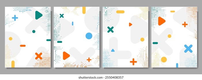 Ilustração vetorial. Conjunto de fundo de cores vibrantes abstratas. Papéis de parede frios com formas de padrão memphis e pontos de meio-tom. Elementos de design para capa de livro, brochura, revista, folheto, livreto