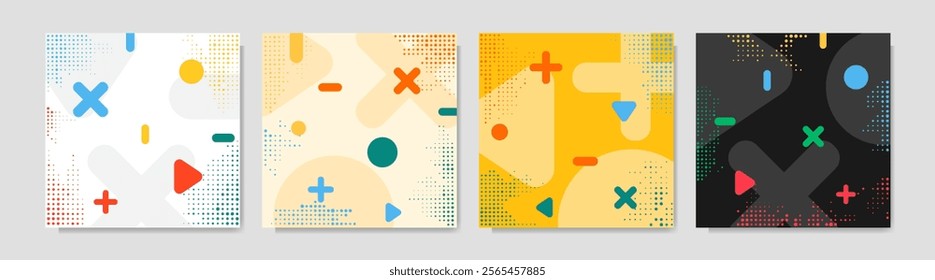 Vector illustration. Abstract vibrant color background set. Cool bright wallpapers with memphis pattern shapes and halftone dots. Design elements for web banner, social media template, blog post