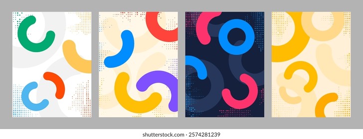 Vector illustration. Abstract vibrant color background set. Cool bright wallpapers with semi circle shapes and halftone dots. Design elements for book cover, brochure, magazine, flyer, booklet