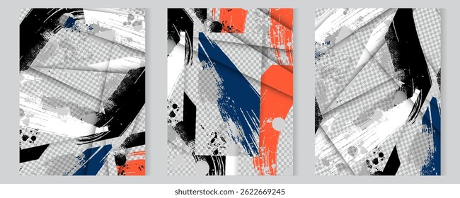 Vector illustration. Abstract vibrant color background set. Cool bright wallpapers with semi circle shapes and halftone dots. Design elements for book cover, brochure