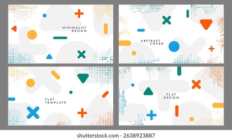 Vector illustration. Abstract vibrant color background set. Cool bright wallpapers with semi circle shapes and halftone dots. Design elements for horizontal web banner, panoramic wallpaper